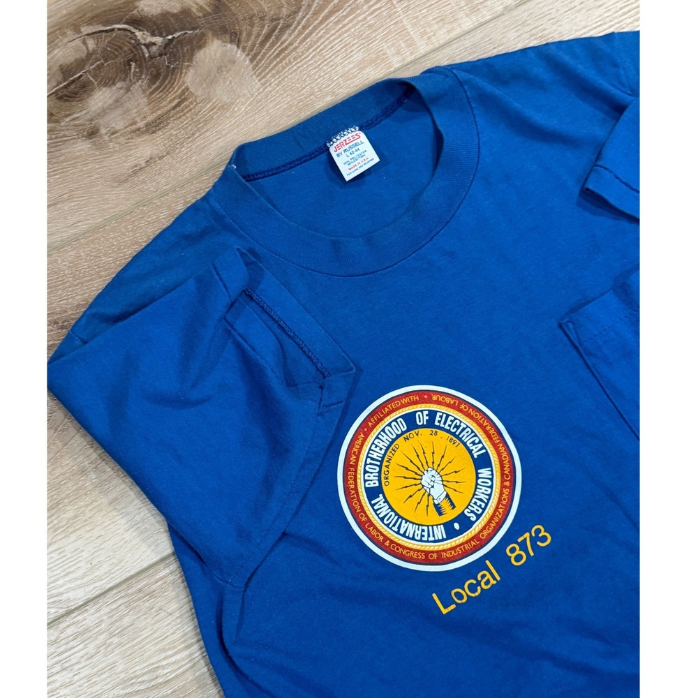 Vintage Jerzees IBEW Local‎ 873 Pocket T-Shirt Blue Large Made in USA 90s Union